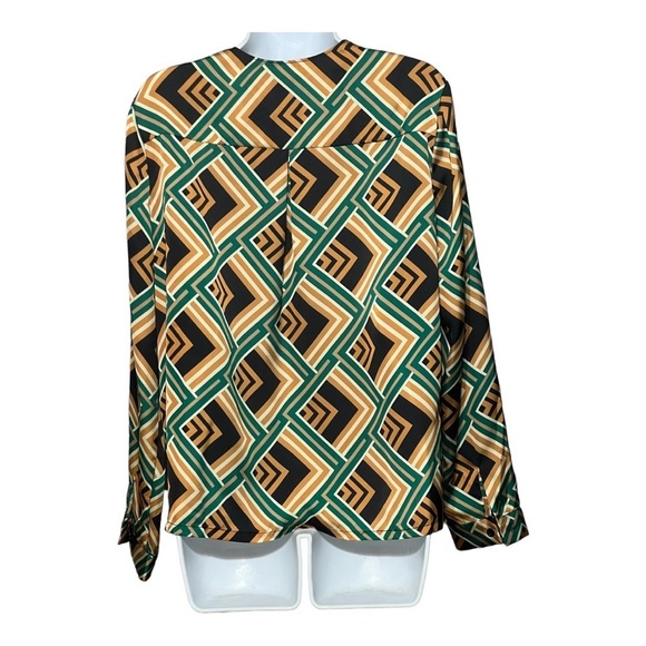 Drew Vienna Blouse Abstract Green Geometric Lightweight Relaxed Fit Wrap Tie Top - Picture 9 of 9